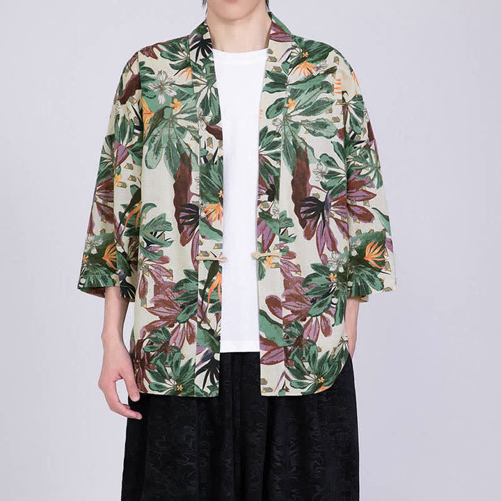 Buddha Stones Kimono de manga corta para hombre, de mezcla de lino, con estampado de hojas tropicales veraniego. - Marfil - US/UK/AU46, EU56 (5XL) - image 4