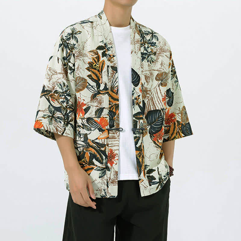 Buddha Stones Kimono de manga corta para hombre, de mezcla de lino, con estampado de hojas tropicales veraniego. - image 1