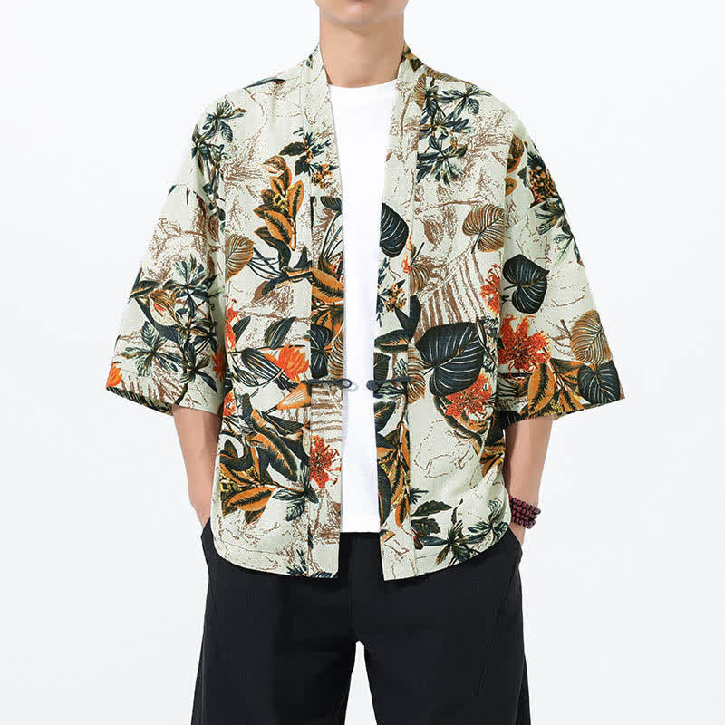 Buddha Stones Kimono de manga corta para hombre, de mezcla de lino, con estampado de hojas tropicales veraniego. - Blanco - US/UK/AU46, EU56 (5XL) - image 0