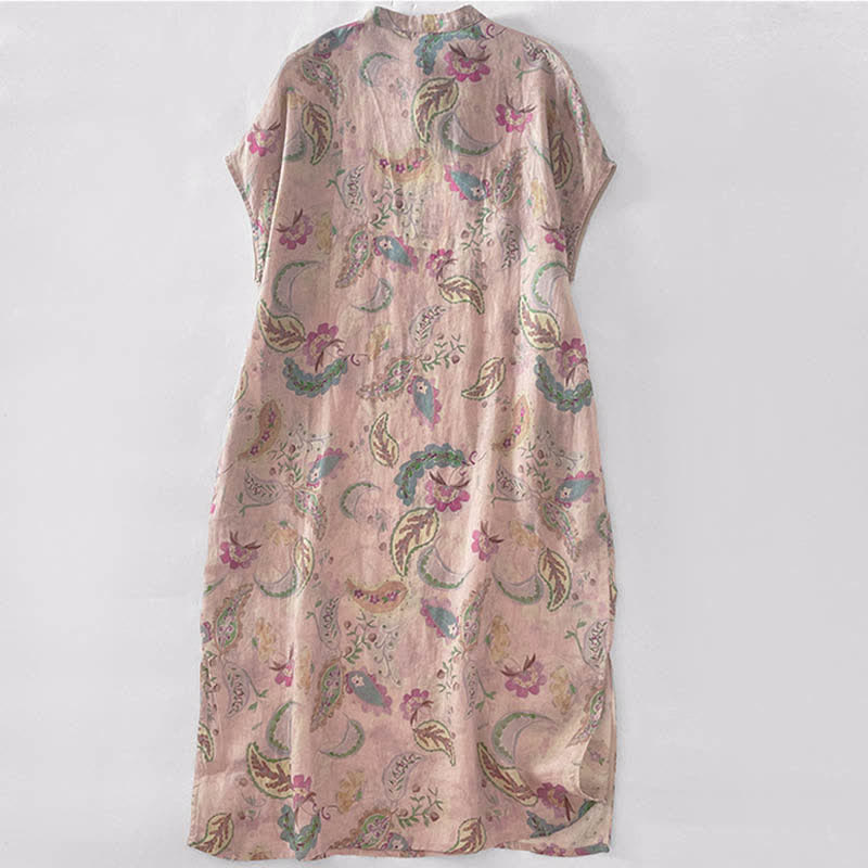 Buddha Stones Vestidos de verano vintage de manga corta para mujer con cuello mandarín, estampado floral paisley y bolsillos. - image 1