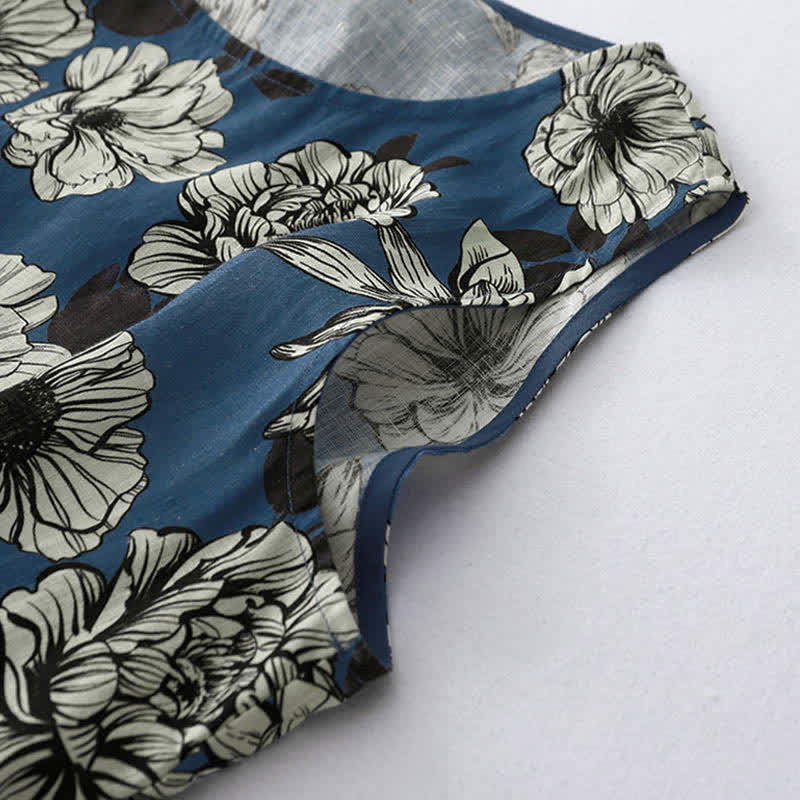 Buddha Stones Vestido de verano grande con estampado floral, cuello redondo, sin mangas, por debajo de la rodilla y bolsillos para mujer. - image 6