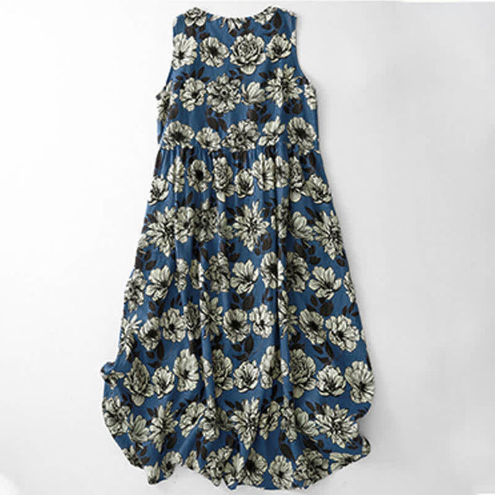 Buddha Stones Vestido de verano grande con estampado floral, cuello redondo, sin mangas, por debajo de la rodilla y bolsillos para mujer. - Azul real - US12, UK/AU16, EU44 (2XL) - image 0