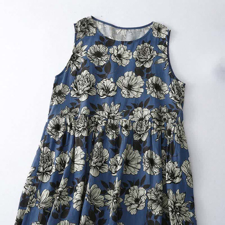 Buddha Stones Vestido de verano grande con estampado floral, cuello redondo, sin mangas, por debajo de la rodilla y bolsillos para mujer. - image 1