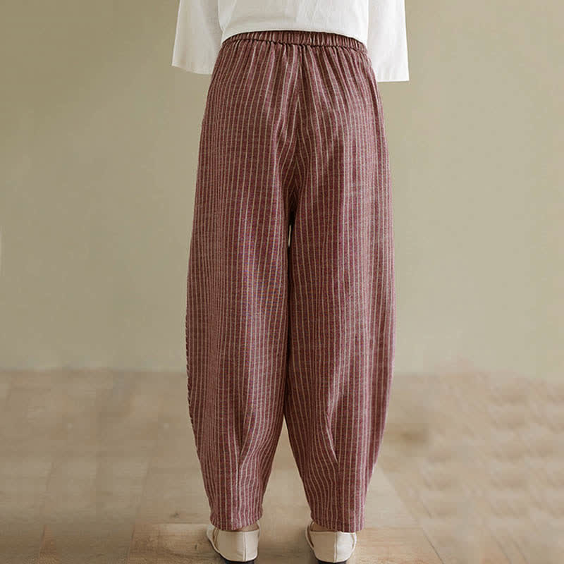Buddha Stones Pantalones de mujer de lino y algodón a rayas, corte ajustado y bolsillos, ideales para el verano. - image 13