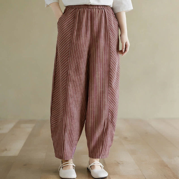 Buddha Stones Pantalones de mujer de lino y algodón a rayas, corte ajustado y bolsillos, ideales para el verano. - image 15