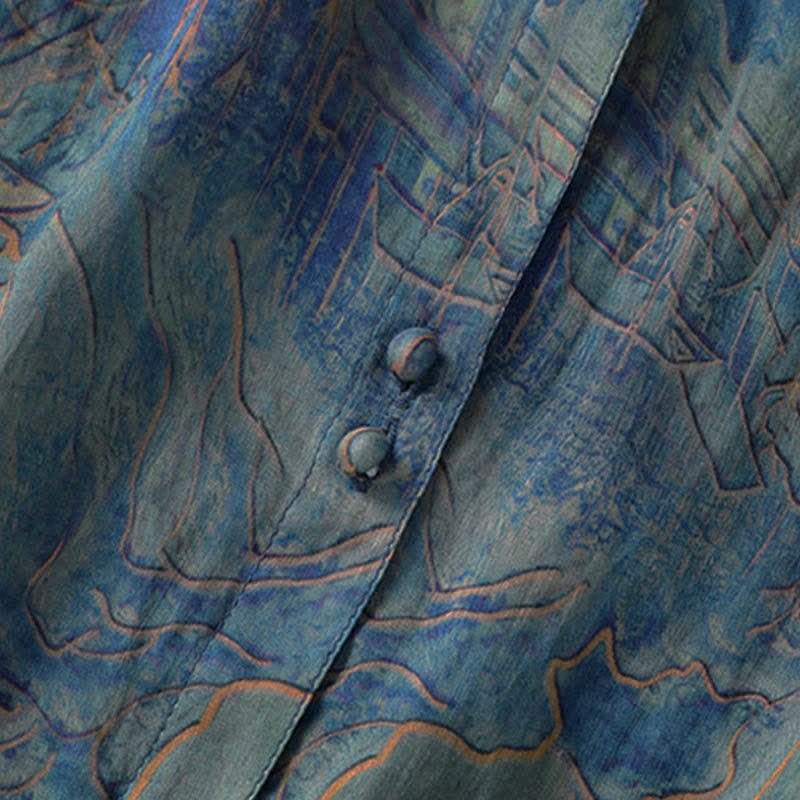 Buddha Stones Camisa de gasa de manga tres cuartos con cuello mandarín y estampado floral veraniego para mujer. - image 7