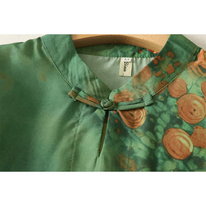 Buddha Stones Minivestido de mujer de manga corta con cuello mandarín y botones de rana, estampado floral veraniego. - image 3