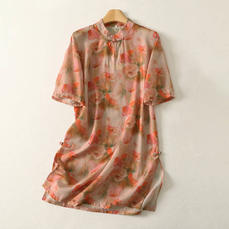 Buddha Stones Minivestido de mujer de manga corta con cuello mandarín y botones de rana, estampado floral veraniego. - Coral - US8-10，UK/AU12-14，EU40-42 (2XL) - image 7