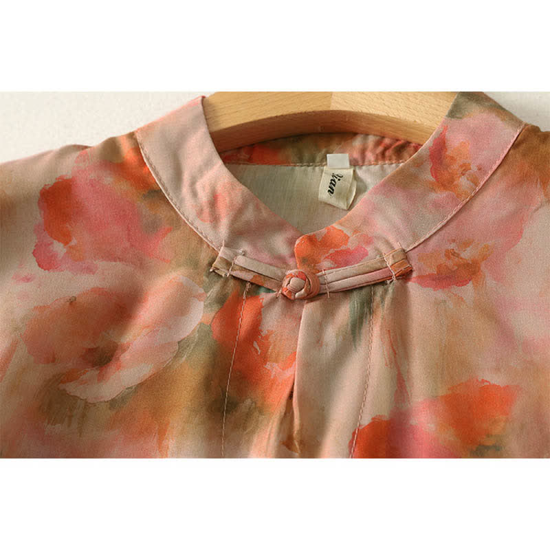 Buddha Stones Minivestido de mujer de manga corta con cuello mandarín y botones de rana, estampado floral veraniego. - image 10