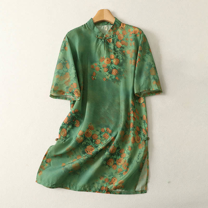 Buddha Stones Minivestido de mujer de manga corta con cuello mandarín y botones de rana, estampado floral veraniego. - Verde mar medio - US8-10，UK/AU12-14，EU40-42 (2XL) - image 0