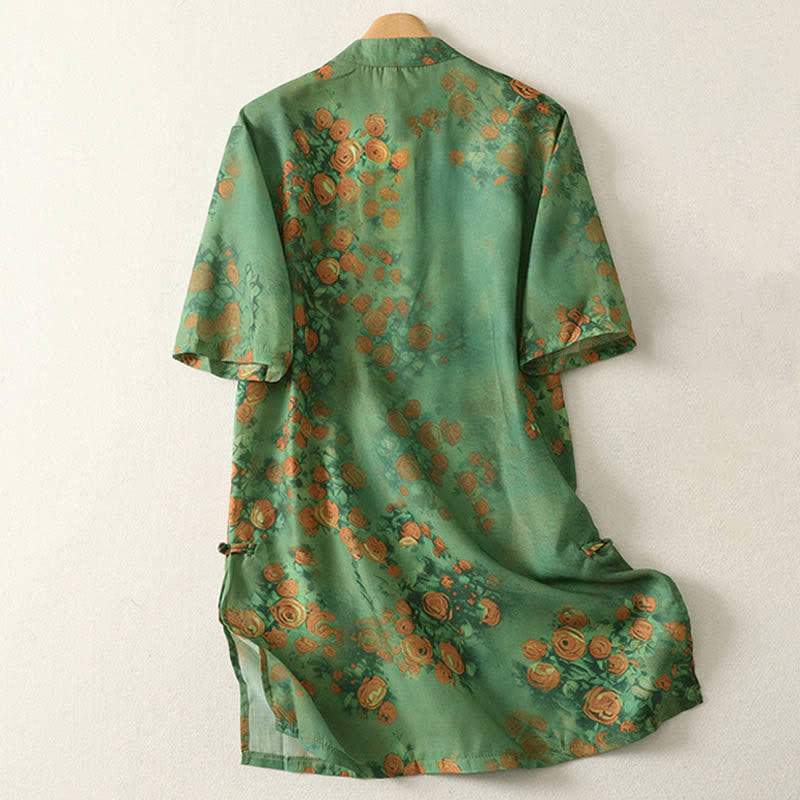 Buddha Stones Minivestido de mujer de manga corta con cuello mandarín y botones de rana, estampado floral veraniego. - image 1