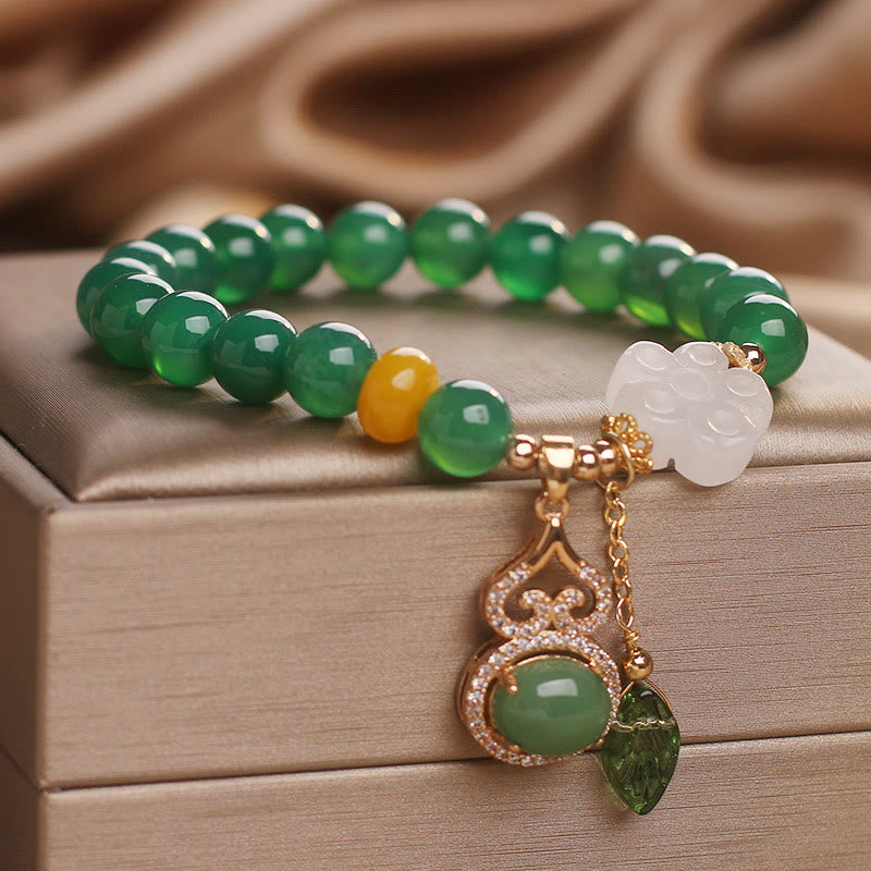Buddha Stones Pulsera con dije de hoja de calabaza, flor de jade blanco y ágata verde - image 3