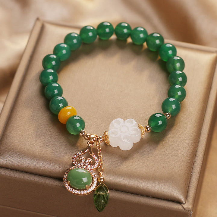 Buddha Stones Pulsera con dije de hoja de calabaza, flor de jade blanco y ágata verde - image 7