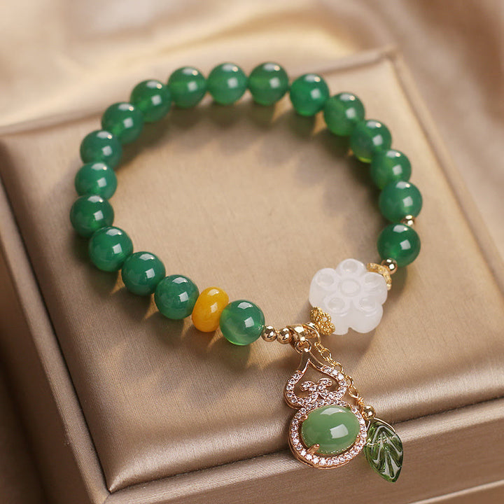 Buddha Stones Pulsera con dije de hoja de calabaza, flor de jade blanco y ágata verde - image 4