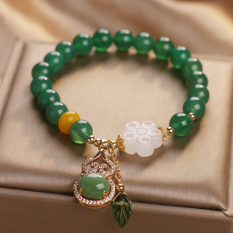 Buddha Stones Pulsera con dije de hoja de calabaza, flor de jade blanco y ágata verde - image 2