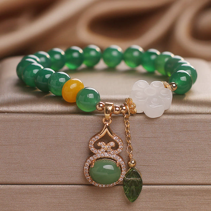 Buddha Stones Pulsera con dije de hoja de calabaza, flor de jade blanco y ágata verde - image 8