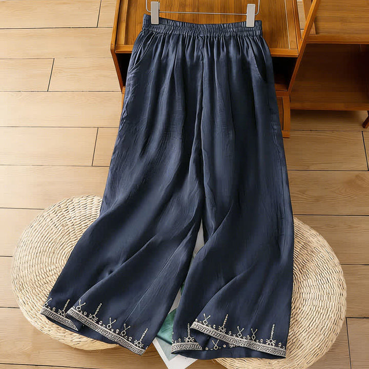 Buddha Stones Pantalones anchos de mujer con bordados estilo boho veraniegos, color liso y con bolsillos. - image 1