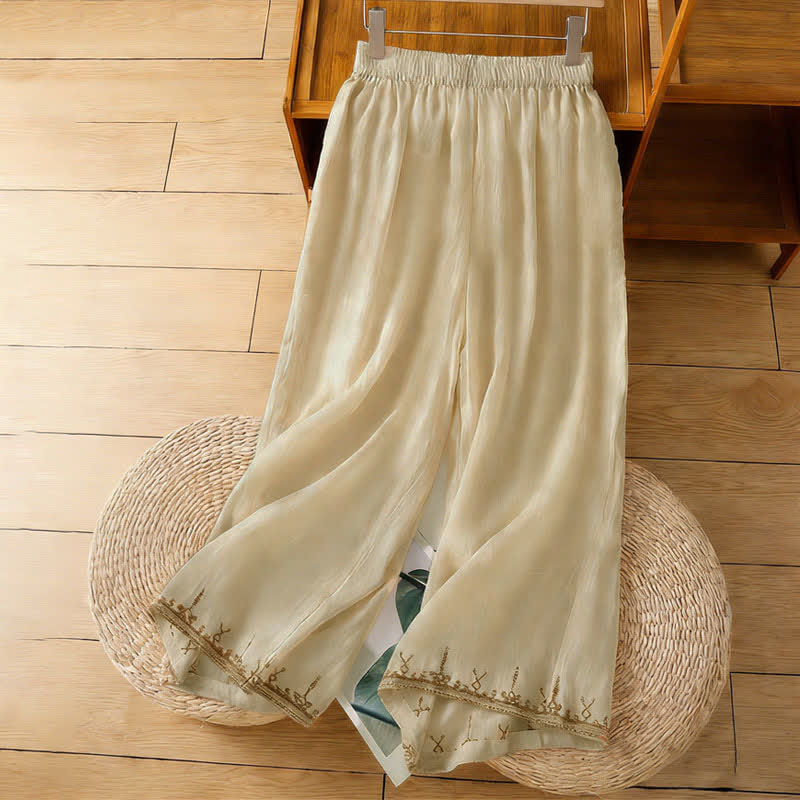 Buddha Stones Pantalones anchos de mujer con bordados estilo boho veraniegos, color liso y con bolsillos. - Almendra blanqueada - US8-10，UK/AU12-14，EU40-42 (2XL) - image 15
