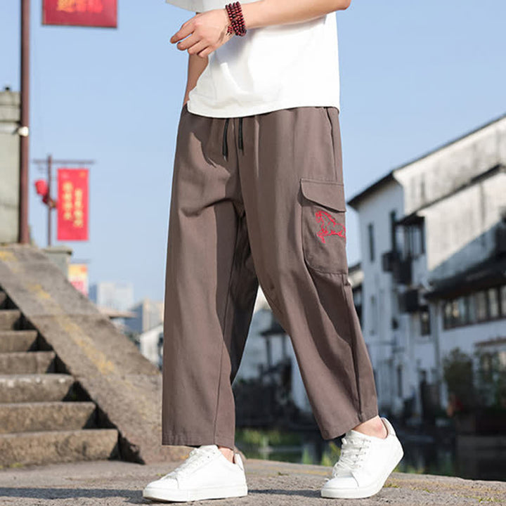 Buddha Stones Pantalones harem de verano informales para hombre con cordón ajustable, bordado y bolsillos. - image 16