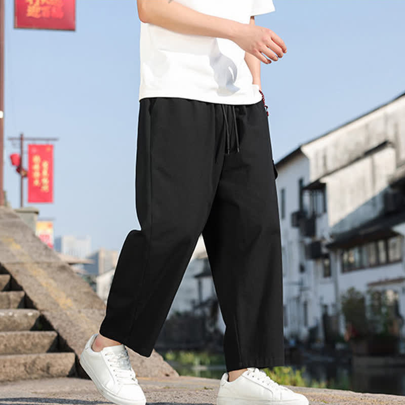 Buddha Stones Pantalones harem de verano informales para hombre con cordón ajustable, bordado y bolsillos. - image 5