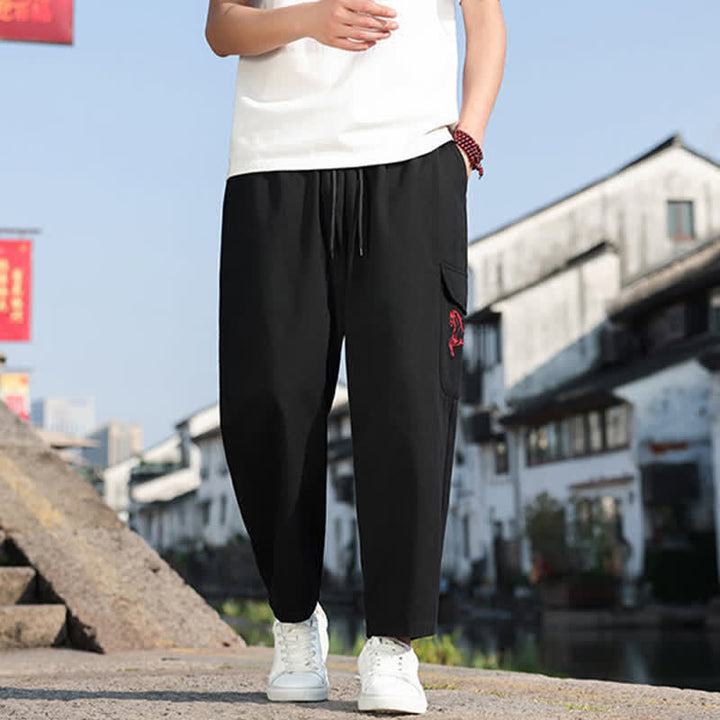 Buddha Stones Pantalones harem de verano informales para hombre con cordón ajustable, bordado y bolsillos. - Negro - US/UK/AU46, EU56 (5XL) - image 0