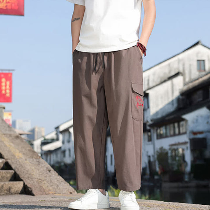 Buddha Stones Pantalones harem de verano informales para hombre con cordón ajustable, bordado y bolsillos. - image 15