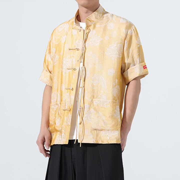 Buddha Stones Camisa de manga corta para hombre con cuello mandarín, estampado jacquard floral y bolsillos, estilo verano Tang. - image 20