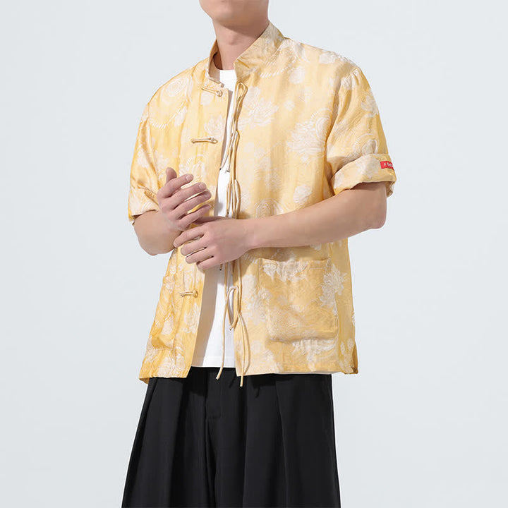Buddha Stones Camisa de manga corta para hombre con cuello mandarín, estampado jacquard floral y bolsillos, estilo verano Tang. - image 19