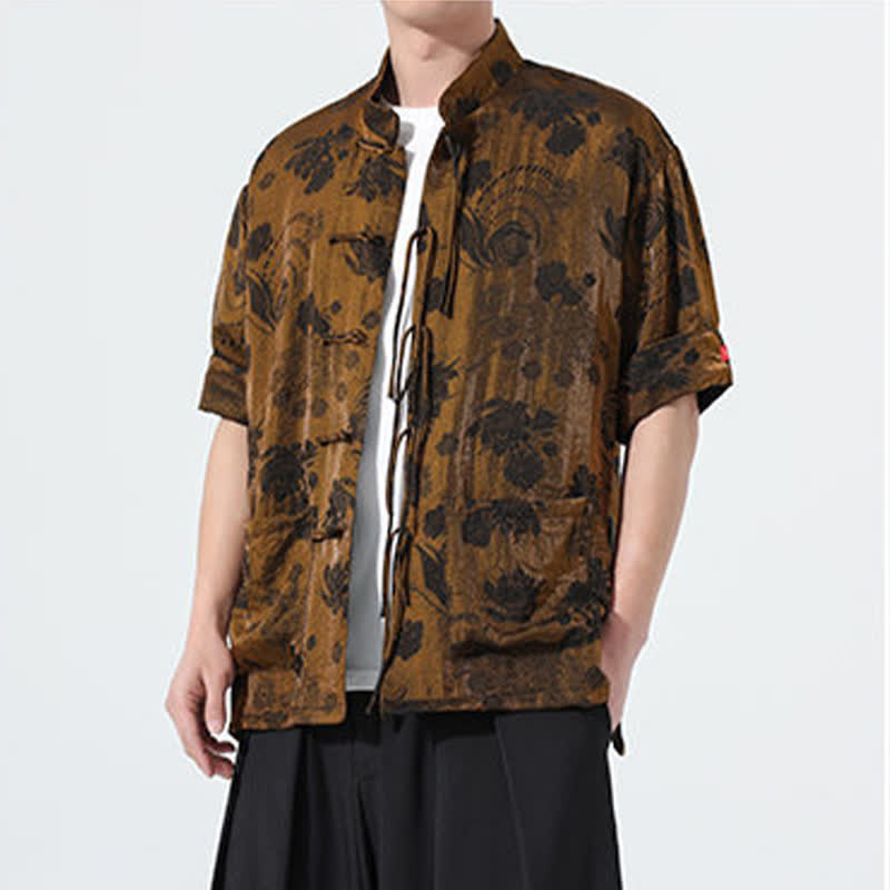 Buddha Stones Camisa de manga corta para hombre con cuello mandarín, estampado jacquard floral y bolsillos, estilo verano Tang. - image 26