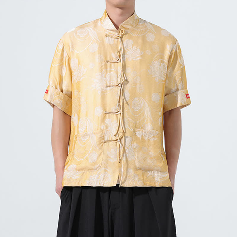 Buddha Stones Camisa de manga corta para hombre con cuello mandarín, estampado jacquard floral y bolsillos, estilo verano Tang. - Caqui oscuro - US/UK/AU46, EU56 (5XL) - image 13