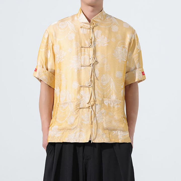 Buddha Stones Camisa de manga corta para hombre con cuello mandarín, estampado jacquard floral y bolsillos, estilo verano Tang. - Caqui oscuro - US/UK/AU46, EU56 (5XL) - image 13