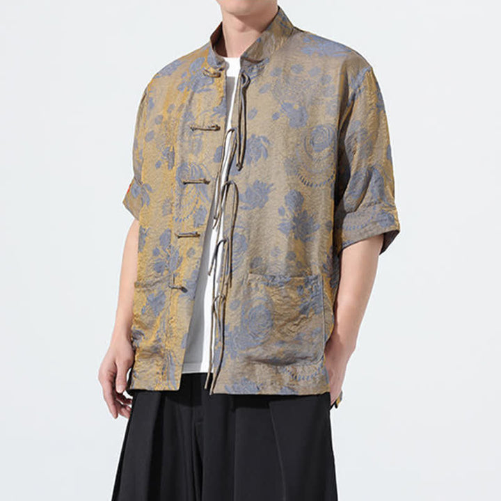 Buddha Stones Camisa de manga corta para hombre con cuello mandarín, estampado jacquard floral y bolsillos, estilo verano Tang. - image 2