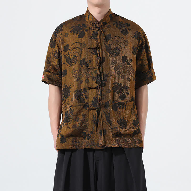 Buddha Stones Camisa de manga corta para hombre con cuello mandarín, estampado jacquard floral y bolsillos, estilo verano Tang. - Perú - US/UK/AU46, EU56 (5XL) - image 22