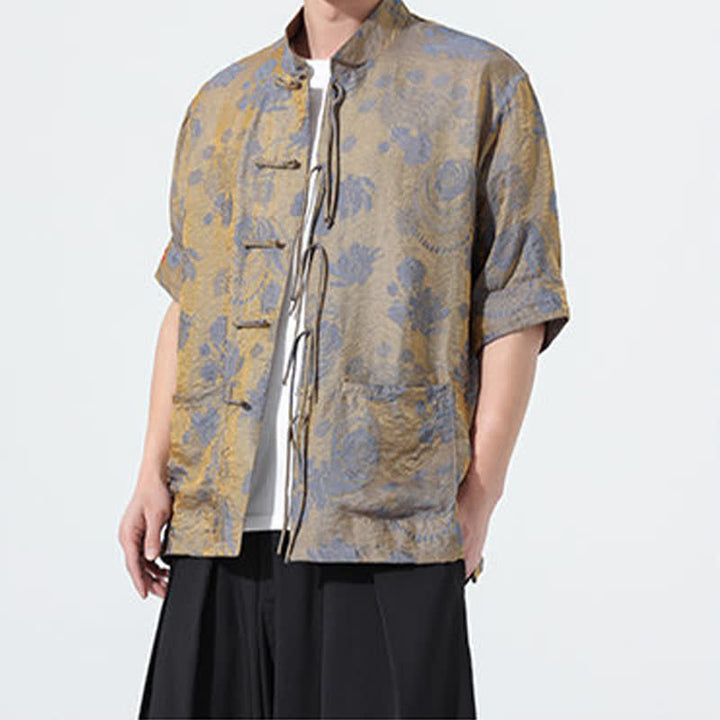 Buddha Stones Camisa de manga corta para hombre con cuello mandarín, estampado jacquard floral y bolsillos, estilo verano Tang. - image 7