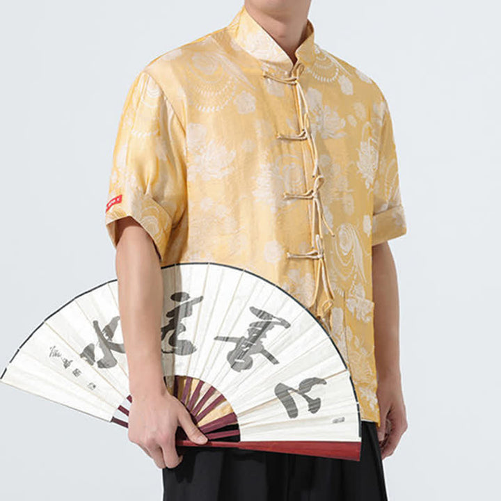 Buddha Stones Camisa de manga corta para hombre con cuello mandarín, estampado jacquard floral y bolsillos, estilo verano Tang. - image 21