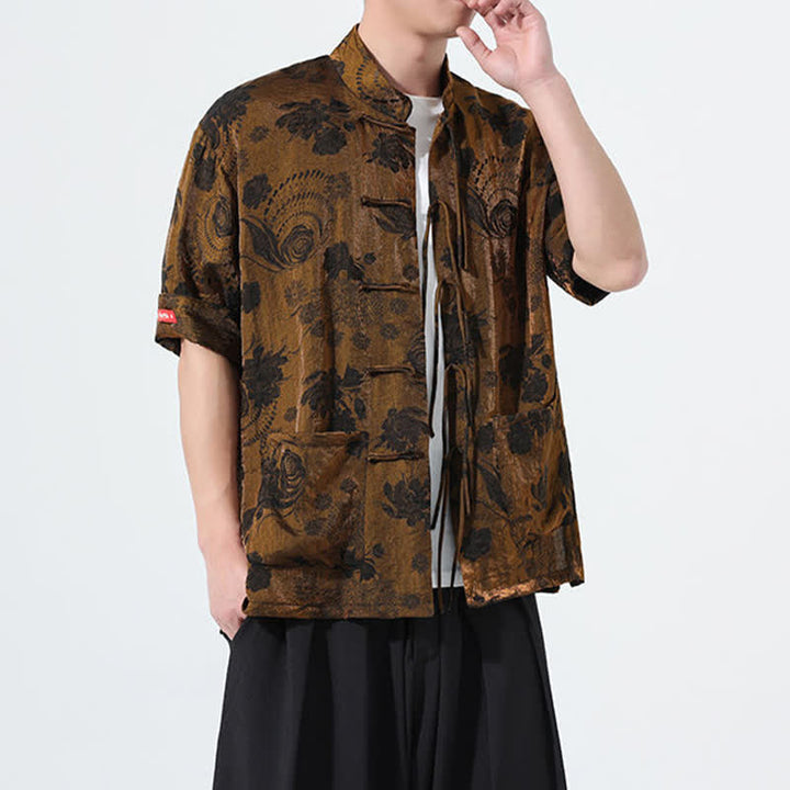 Buddha Stones Camisa de manga corta para hombre con cuello mandarín, estampado jacquard floral y bolsillos, estilo verano Tang. - image 24