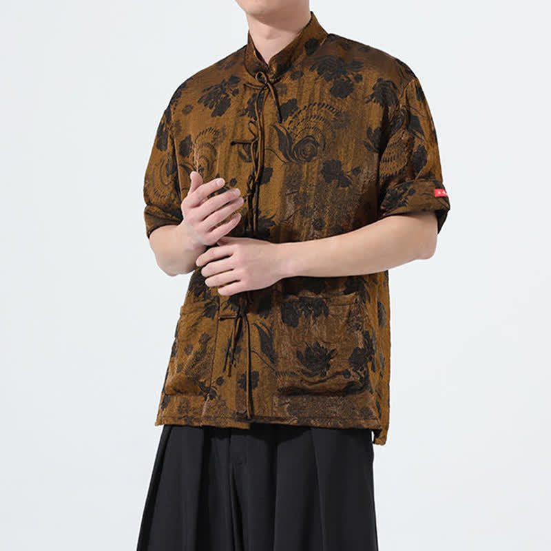 Buddha Stones Camisa de manga corta para hombre con cuello mandarín, estampado jacquard floral y bolsillos, estilo verano Tang. - image 28