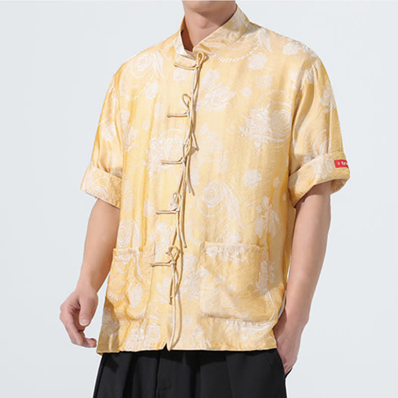 Buddha Stones Camisa de manga corta para hombre con cuello mandarín, estampado jacquard floral y bolsillos, estilo verano Tang. - image 17