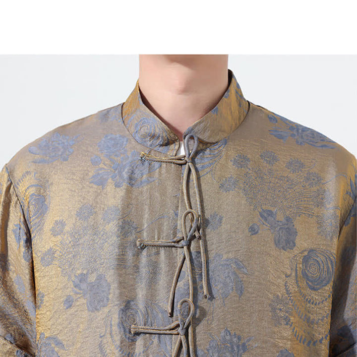 Buddha Stones Camisa de manga corta para hombre con cuello mandarín, estampado jacquard floral y bolsillos, estilo verano Tang. - image 9
