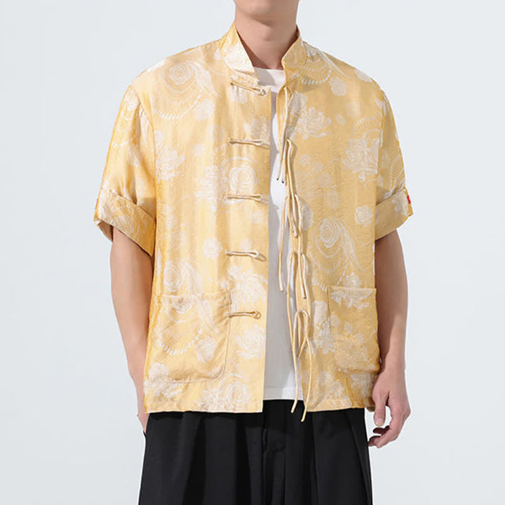Buddha Stones Camisa de manga corta para hombre con cuello mandarín, estampado jacquard floral y bolsillos, estilo verano Tang. - image 15