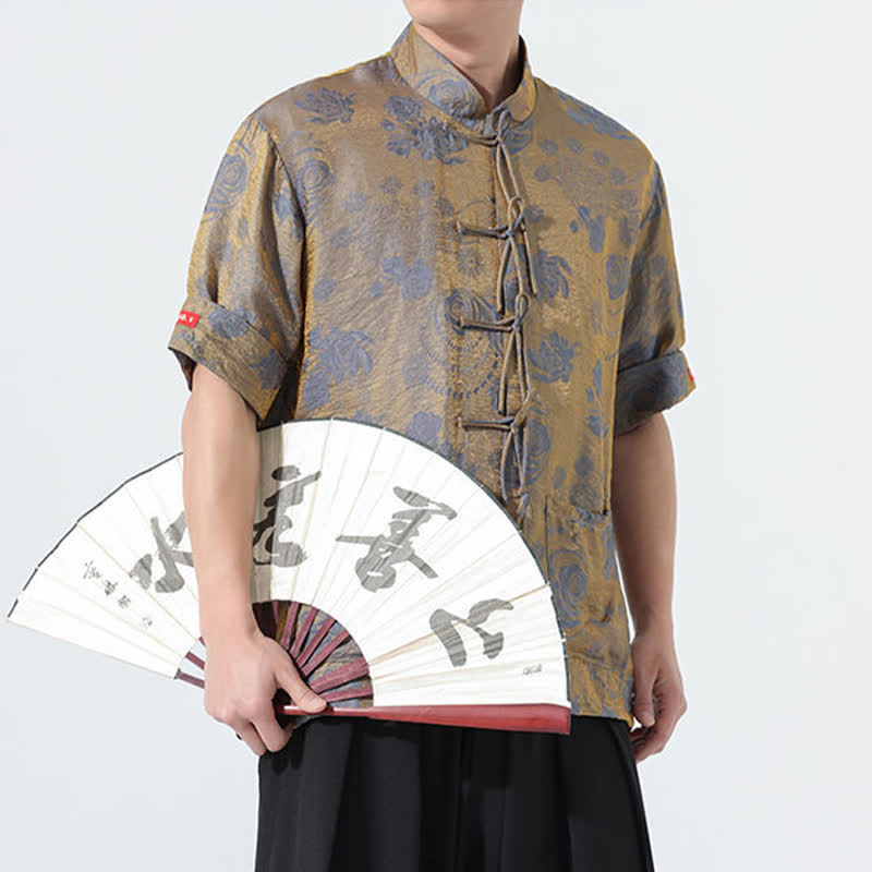 Buddha Stones Camisa de manga corta para hombre con cuello mandarín, estampado jacquard floral y bolsillos, estilo verano Tang. - image 8