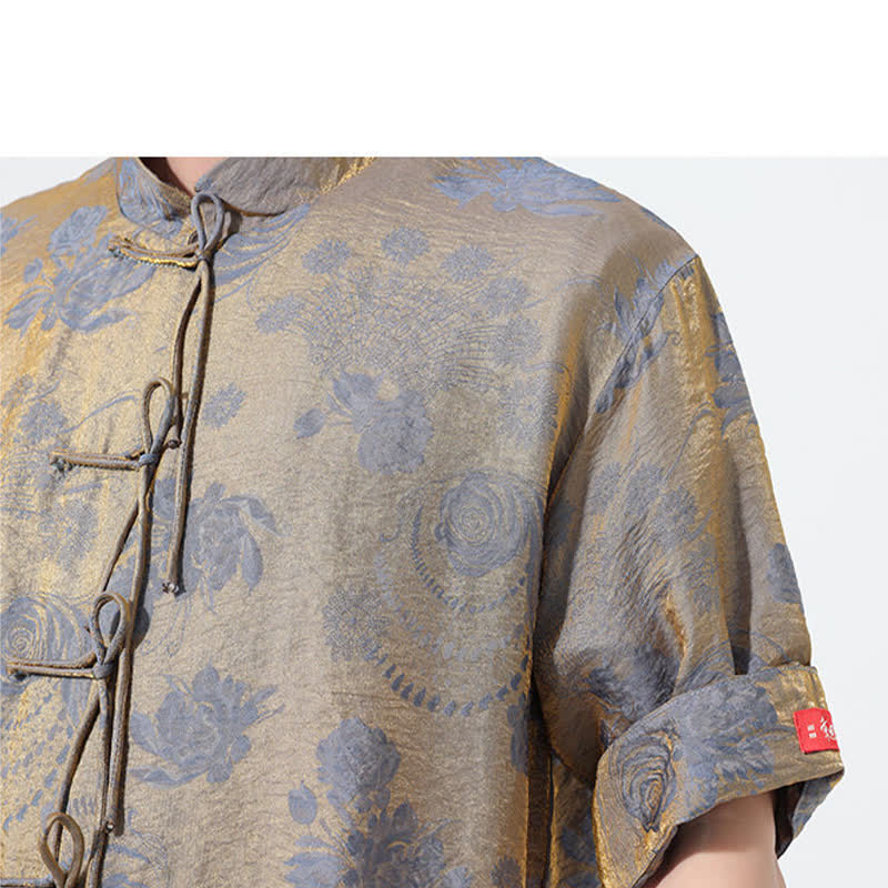 Buddha Stones Camisa de manga corta para hombre con cuello mandarín, estampado jacquard floral y bolsillos, estilo verano Tang. - image 10