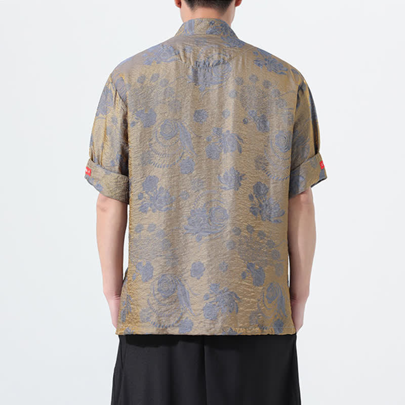 Buddha Stones Camisa de manga corta para hombre con cuello mandarín, estampado jacquard floral y bolsillos, estilo verano Tang. - image 1