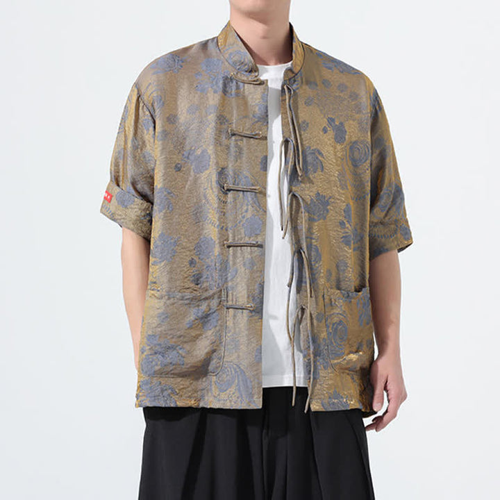 Buddha Stones Camisa de manga corta para hombre con cuello mandarín, estampado jacquard floral y bolsillos, estilo verano Tang. - image 3
