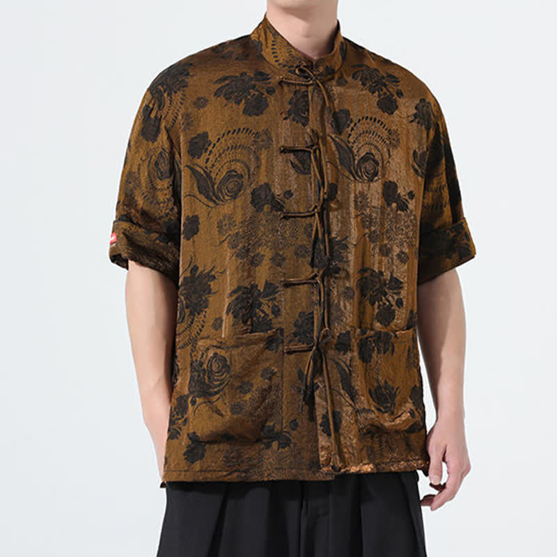 Buddha Stones Camisa de manga corta para hombre con cuello mandarín, estampado jacquard floral y bolsillos, estilo verano Tang. - image 25