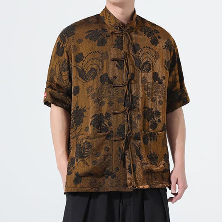 Buddha Stones Camisa de manga corta para hombre con cuello mandarín, estampado jacquard floral y bolsillos, estilo verano Tang. - image 25