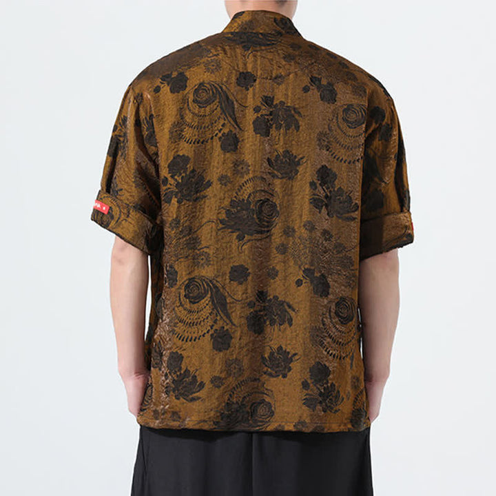 Buddha Stones Camisa de manga corta para hombre con cuello mandarín, estampado jacquard floral y bolsillos, estilo verano Tang. - image 23