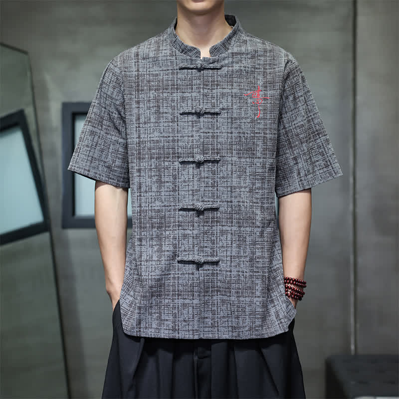 Buddha Stones Camisa de manga corta para hombre, color liso, con cuello mandarín y botones de rana, estilo casual de verano. - image 1