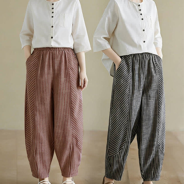 Buddha Stones Pantalones de mujer de lino y algodón a rayas, corte ajustado y bolsillos, ideales para el verano. - image 17