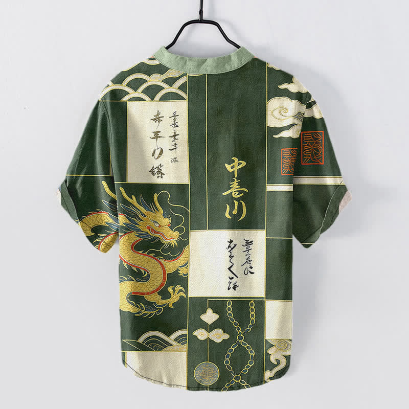 Buddha Stones Camisa de manga corta con medio botón para hombre, de algodón, con emblema de nube y dragón dorado. - image 1
